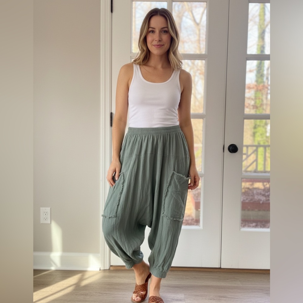 Gushiken Tulem Sage Green Drop-Crotch Boho Trousers Size Small